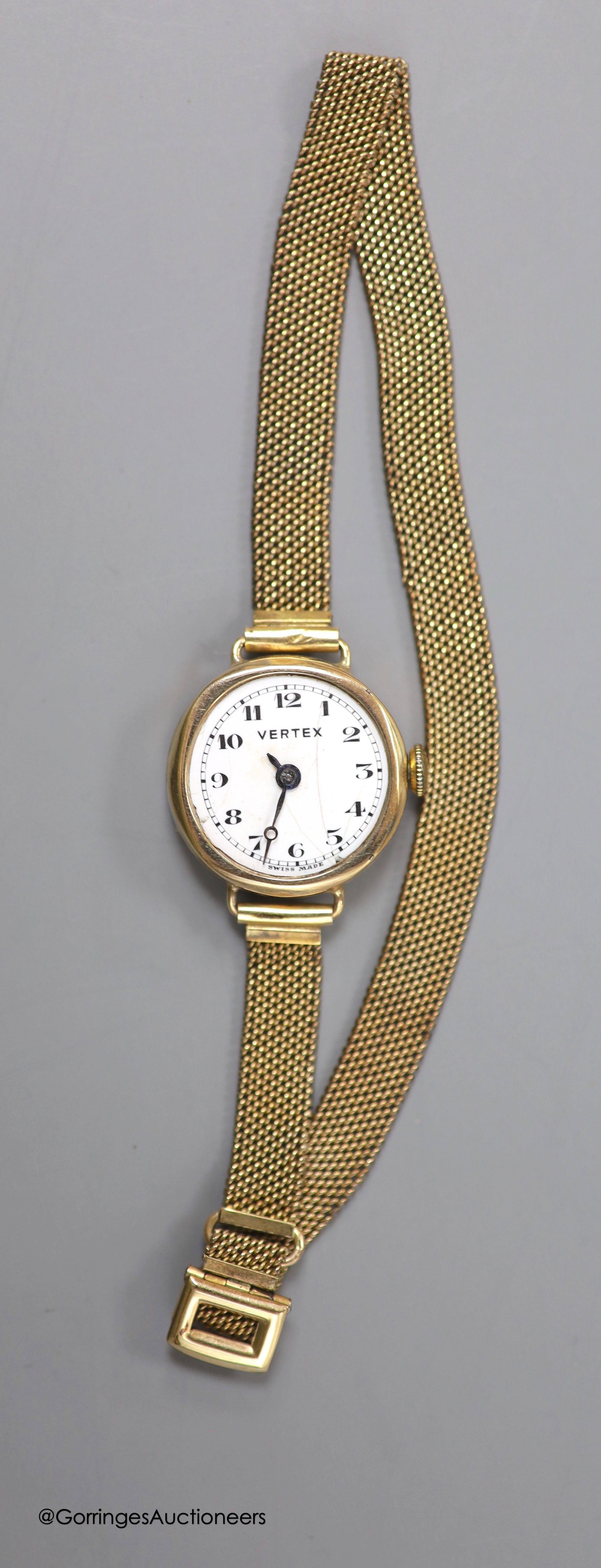 A lady's 9ct gold Vertex manual wind wrist watch, on a rolled gold mesh link bracelet and a similar 9ct gold watch on gold plated flexible bracelet, gross 33 grams.